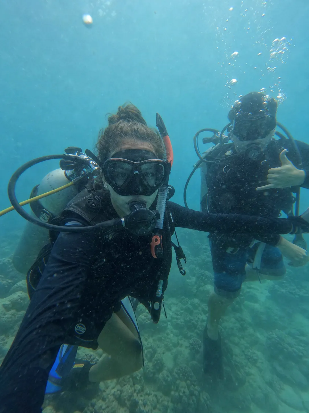 Two people scuba diving underwater