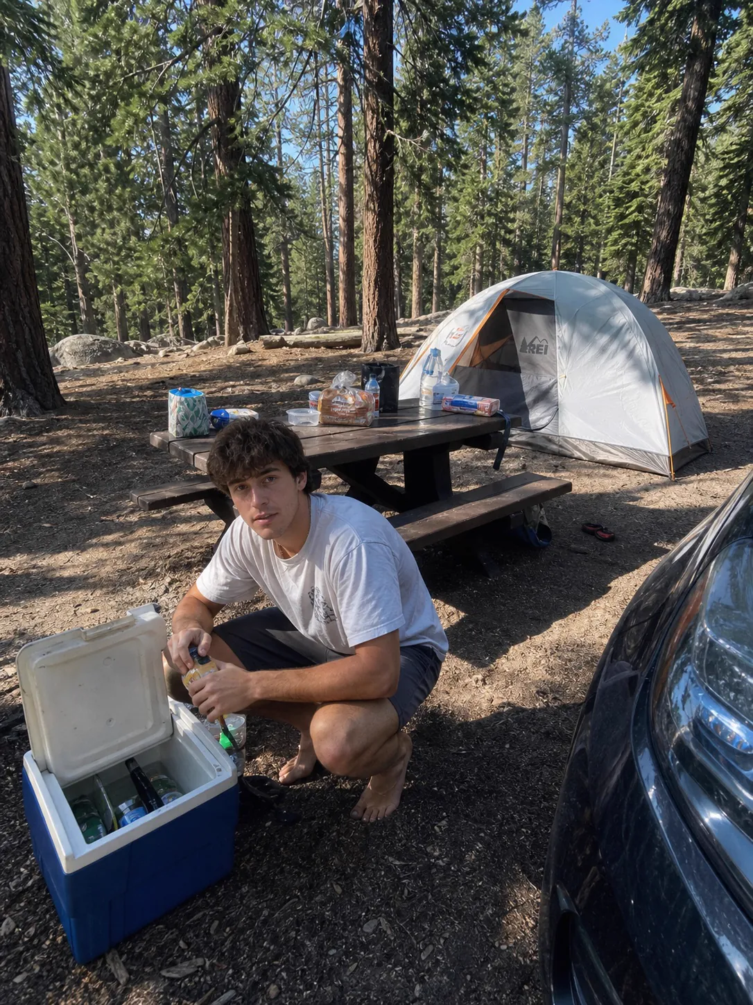 A campsite in the forest with a person by a cooler