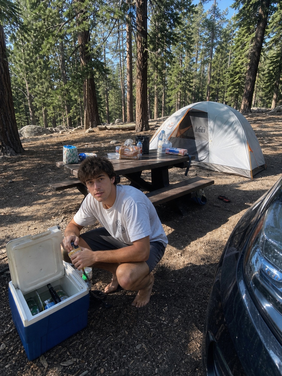 A campsite in the forest with a person by a cooler